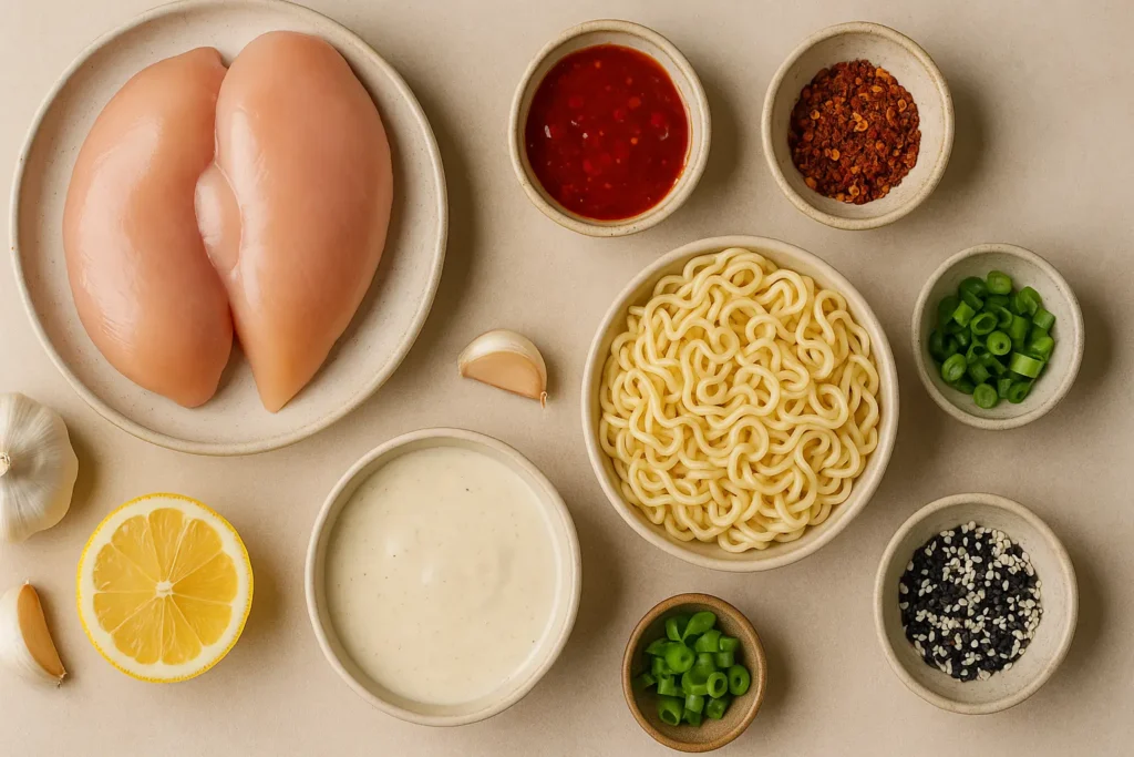 Fiery Chicken Ramen with Creamy Garlic Sauce ingredients