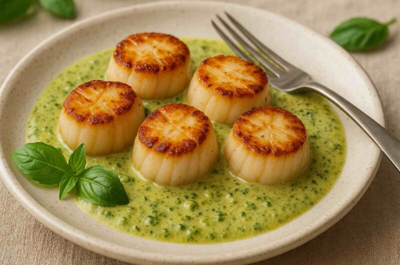 Pan-Seared Scallops with Creamy Pesto Sauce