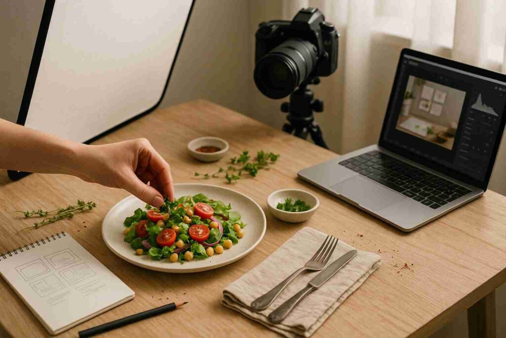 Behind-the-scenes of a food photography shoot with styled plate, camera on tripod, and natural light setup on Nomlee studio table