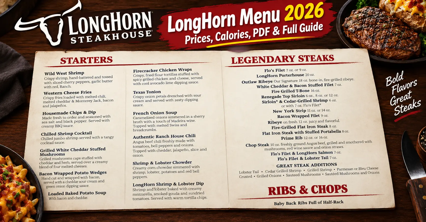 LongHorn Menu 2026 with prices, calories, PDF guide, legendary steaks, starters, ribs and chops